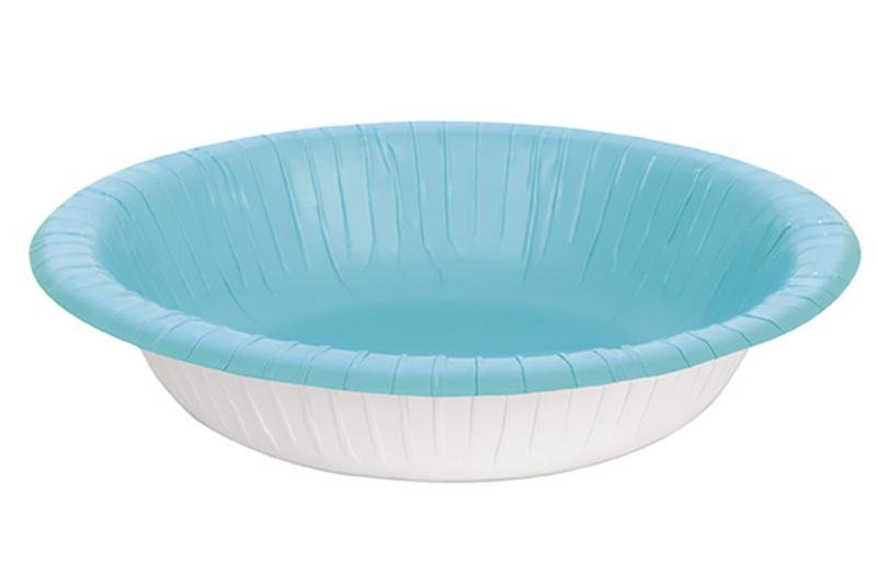 Light blue paper bowl with white ribbed base and rolled rim edge, shown from above at an angle.