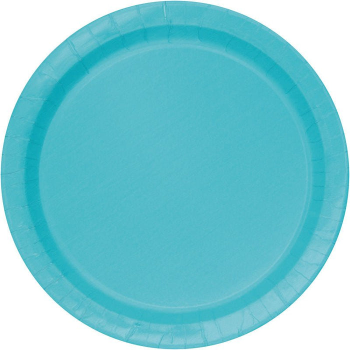Turquoise paper plate with a slightly ridged rim and flat center surface, shown from above against a white background.