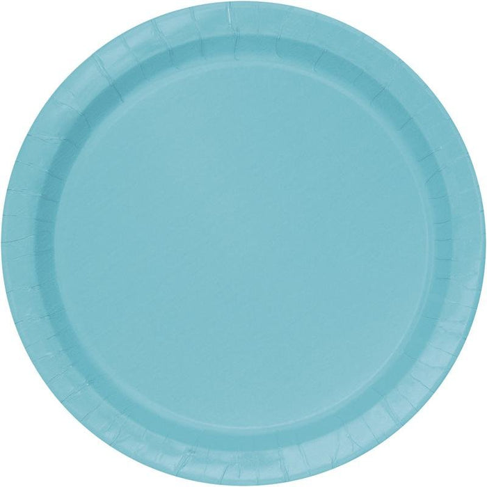 Light blue round paper plate with a ridged rim and flat center surface.