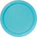 Turquoise paper plate with a ridged rim and smooth center surface shown from directly above.