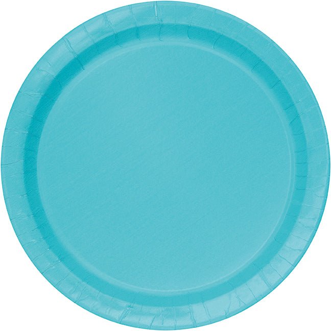 Bright teal round paper plate with a ribbed rim, shown from above against a white background.