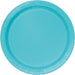 Bright teal round paper plate with a ribbed rim, shown from above against a white background.