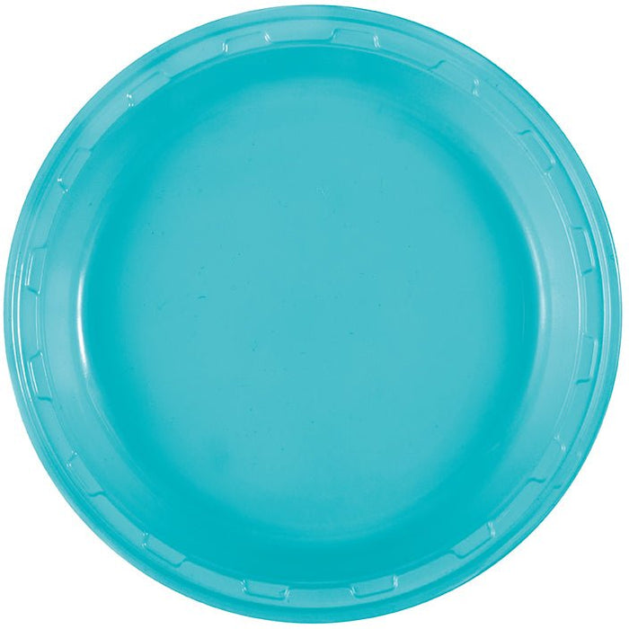 Bright teal plastic plate with a shallow bowl shape and ridged rim, shown from above against a white background.