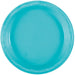 Bright teal plastic plate with a shallow bowl shape and ridged rim, shown from above against a white background.