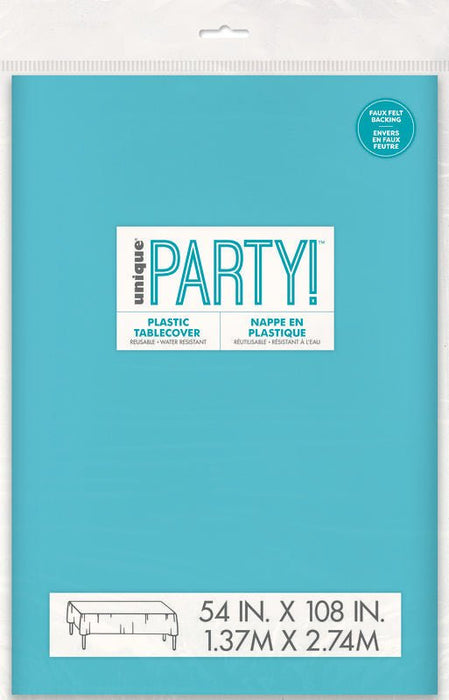 Teal plastic tablecloth package showing a bright turquoise rectangular cover measuring 54 by 108 inches with flannel backing and bilingual labeling.