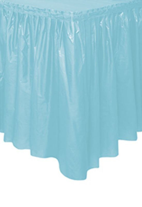 Light blue pleated plastic table skirt with an elastic band at the top and scalloped hem edges.