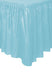 Light blue pleated plastic table skirt with an elastic band at the top and scalloped hem edges.