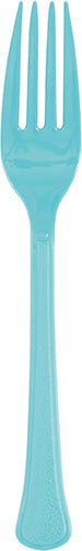 Single teal plastic fork displayed vertically against a white background.