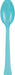 Single teal plastic spoon with a rounded bowl and tapered handle displayed against a white background.