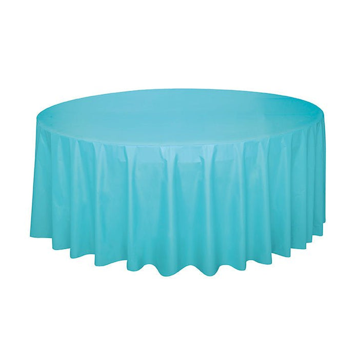 Turquoise blue round tablecloth with pleated skirt detailing, displayed on a round table.
