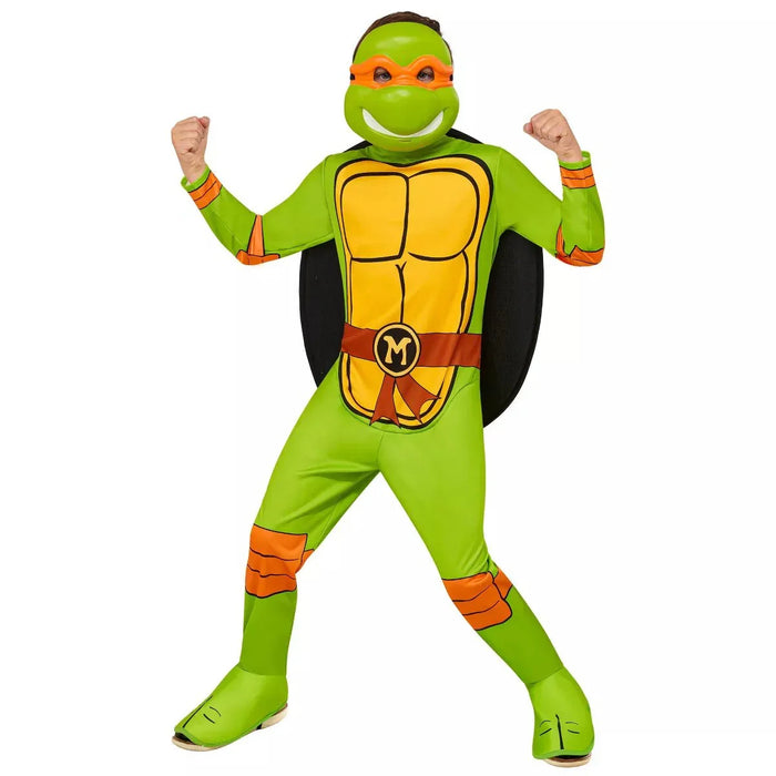 Child's Michelangelo costume featuring a bright green bodysuit with yellow plastron, orange mask, black shell cape, orange arm and leg bands, and an "M" belt buckle.