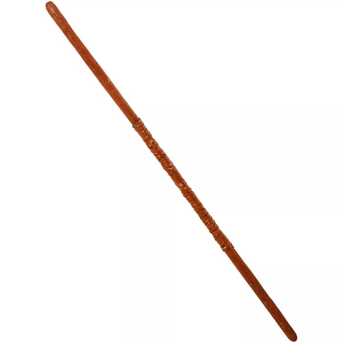 Brown wooden bo staff with wrapped grip section in the middle, tapered at both ends.
