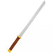 Gray plastic katana sword with brown wrapped handle, gold-colored guard and pommel, angled diagonally against white background.