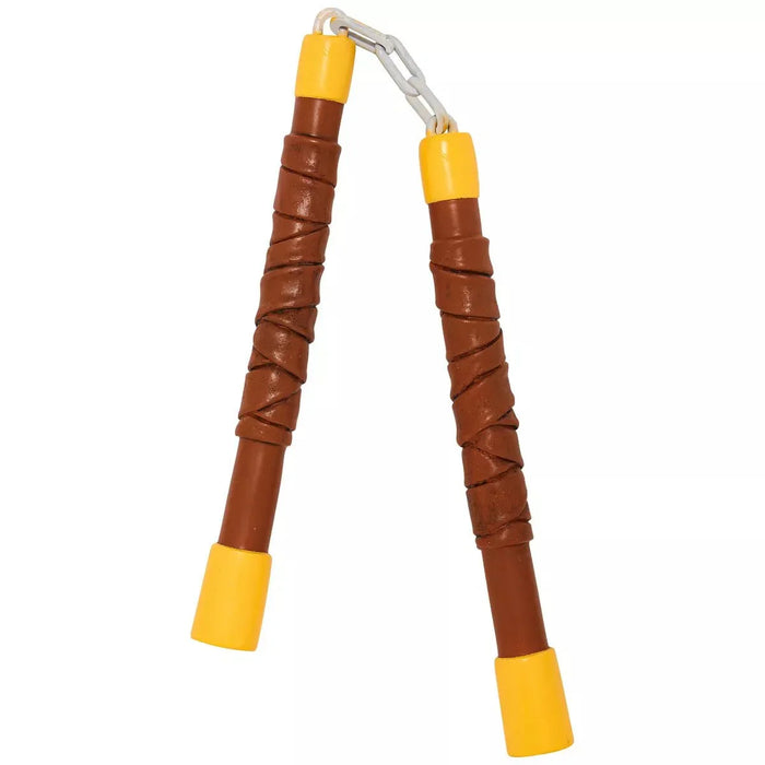 Brown and yellow plastic nunchucks with wrapped handles and yellow end caps, connected by a chain at the top.