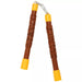 Brown and yellow plastic nunchucks with wrapped handles and yellow end caps, connected by a chain at the top.