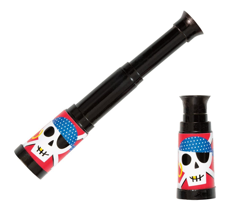 Two black telescopes with colorful pirate skull designs featuring red bandanas, blue dotted eye patches, and stitched mouths, shown extended and collapsed.