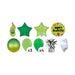 Green birthday balloon kit featuring 1 pickle-shaped foil balloon, 1 dark green star, 1 light green star, 1 round Happy Birthday balloon, 1 green orb, 3 light green latex balloons, 4 green latex balloons, matching balloon weight, and balloon transport bag.