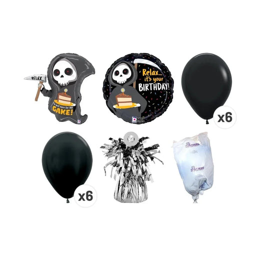 "Grim Reaper Birthday Balloon Bouquet - Here for the Cake"