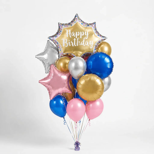 Happy Birthday Satin Gold Burst Deluxe Bouquet | 19 pcs