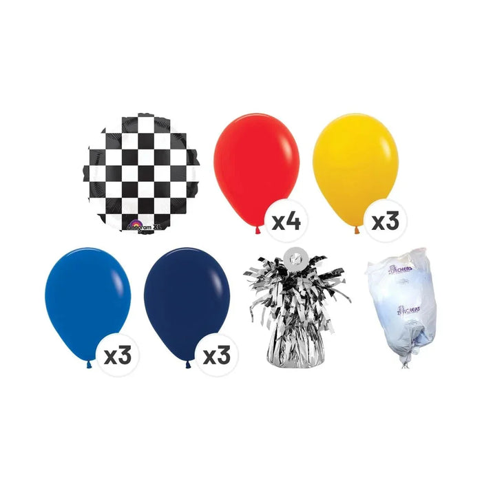 Black and white checkered foil balloon, four red latex balloons, three yellow latex balloons, three blue latex balloons, three dark navy latex balloons, a matching balloon weight, and a transport bag