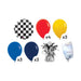Black and white checkered foil balloon, four red latex balloons, three yellow latex balloons, three blue latex balloons, three dark navy latex balloons, a matching balloon weight, and a transport bag