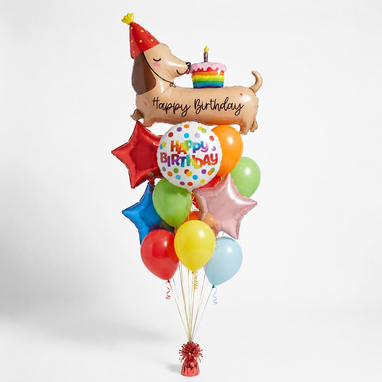 Party Pup Birthday Balloon Bouquet with dachshund foil balloon, Happy Birthday foil balloon, colorful star balloons, and bright latex balloons.