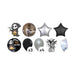 Black and silver birthday balloon kit featuring a grim reaper “Rest in Peace for the Cake” balloon, round “Relax... It’s Your Birthday” balloon, marble orb balloon, silver star, black star, 3 black latex balloons, 4 silver latex balloons, matching balloon weight, and balloon transport bag.