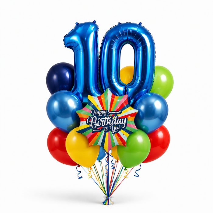 Customizable birthday balloon bouquet featuring large blue number balloons, a  “Happy Birthday” rainbow bursting star shaped balloon, and red, yellow, green, blue, and navy latex balloons with curling ribbons.