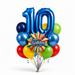 Customizable birthday balloon bouquet featuring large blue number balloons, a  “Happy Birthday” rainbow bursting star shaped balloon, and red, yellow, green, blue, and navy latex balloons with curling ribbons.