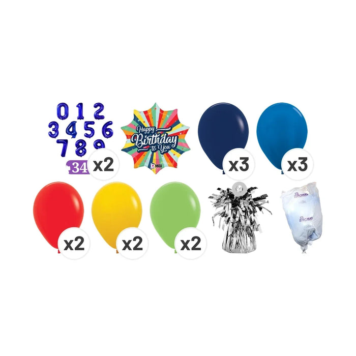 Custom number birthday balloon bouquet product kit image showing 2 customizable blue number foil balloons, a “Happy Birthday” rainbow bursting star shaped foil balloon, 3 navy latex balloons, 3 blue latex balloons, 2 red latex balloons, 2 yellow latex balloons, 2 light green latex balloons, a matching balloon weight, and a balloon transport bag.