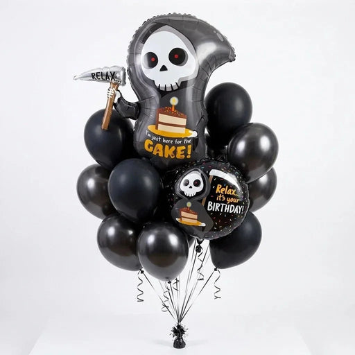 "Grim Reaper Birthday Balloon Bouquet - Here for the Cake"