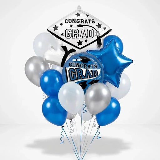 Congrats Grad Balloon Bouquet - Blue, White & Silver