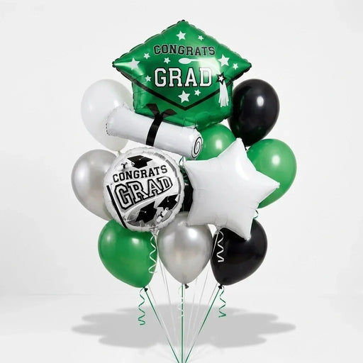 Congrats Grad Balloon Bouquet - Green, White, & Silver
