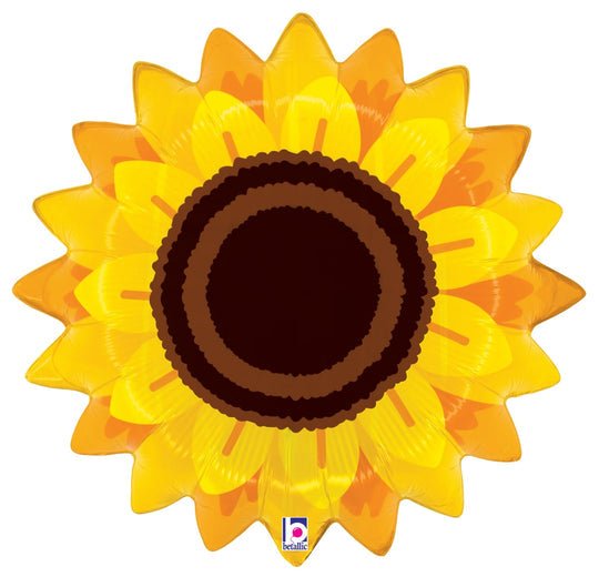 Bright yellow sunflower-shaped mylar balloon with layered petals in shades of yellow and orange, dark brown center disk, and a small brand logo at the bottom.