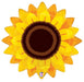 Bright yellow sunflower-shaped mylar balloon with layered petals in shades of yellow and orange, dark brown center disk, and a small brand logo at the bottom.
