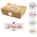 Kraft paper takeout box with "Thankful for these leftovers" label and four circular stickers featuring humorous Thanksgiving-themed messages about turkey, stuffing, vegetables, and dessert.