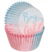 Cupcake liners with blue and pink pleated sides featuring "Boy or Girl" text on white circular toppers for gender reveal celebrations.