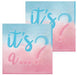 Two blue and pink ombre napkins with "it's a?" text in blue and pink lettering, featuring a question mark design.