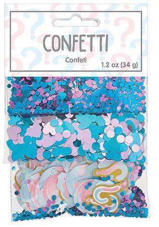 Confetti package containing 1.2 oz of mixed decorative pieces in turquoise, pink, and rainbow colors with various shapes and sizes.