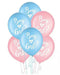 Bouquet of six latex balloons in blue and pink with "Boy or Girl?" text, arranged with white ribbons for a gender reveal celebration.