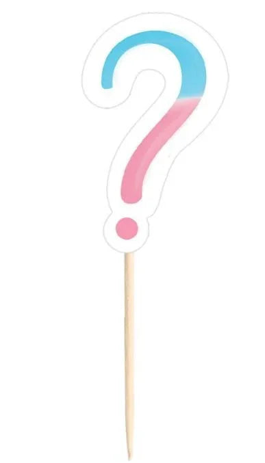 Question mark shaped cake topper with blue and pink gradient coloring and a wooden stick.