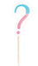 Question mark shaped cake topper with blue and pink gradient coloring and a wooden stick.
