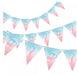 Three strands of triangular pennant flags in blue and pink gradient with "Boy or Girl?" text and question mark symbols for gender reveal celebrations.