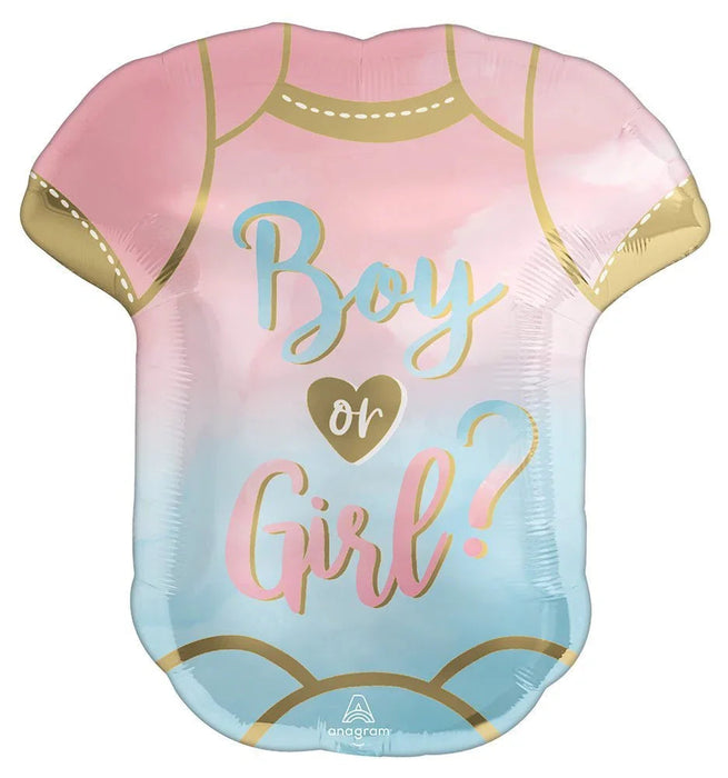 Pink and blue ombré onesie-shaped foil balloon with gold trim and text reading "Boy or Girl?" with a gold heart.
