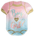 Pink and blue ombré onesie-shaped foil balloon with gold trim and text reading "Boy or Girl?" with a gold heart.