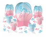 Blue and pink gradient cardstock decorations shaped like onesies, question marks, and footprints arranged around a large oval centerpiece reading "Boy or Girl" in matching blue and pink colors.