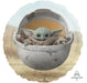 Round foil balloon featuring Baby Yoda character in a hovering spacecraft pod, with cream and light blue coloring and an Anagram logo visible.