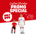 Red and white promotional poster advertising custom standup cutouts for $99, featuring a young soccer player in red uniform and an older teen player in white uniform, both with soccer balls.