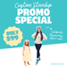 Turquoise promotional graphic displaying two cardboard standups of different heights featuring a young girl in a yellow dress and a woman in casual wear, with "Only $99" price badge and text reading "Celebrate the journey-then & now.
