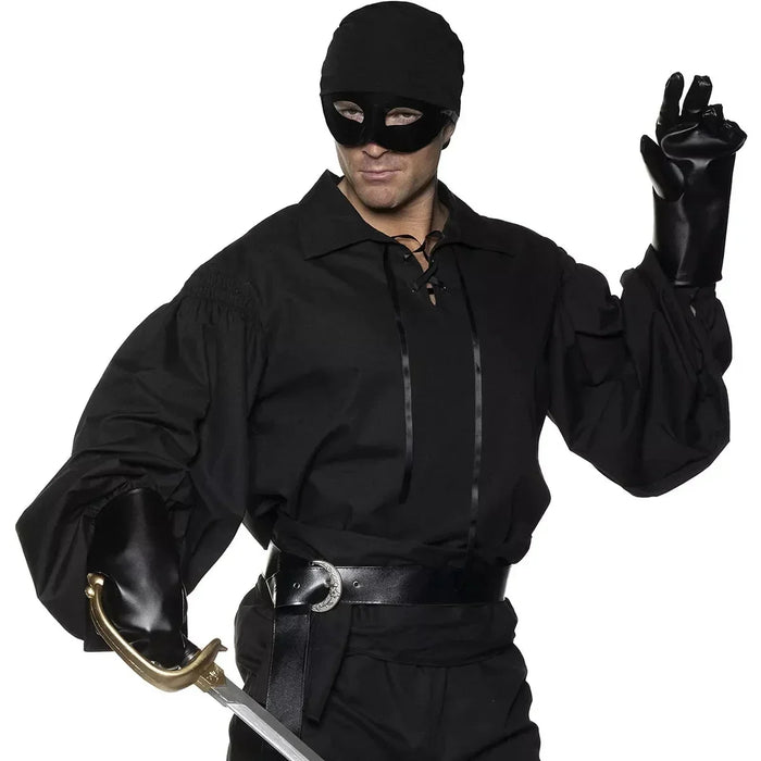 Black pirate costume accessory kit including a knit mask with eye holes, lace-up black shirt, black gloves, leather belt with silver buckle, and curved sword with gold hilt.
